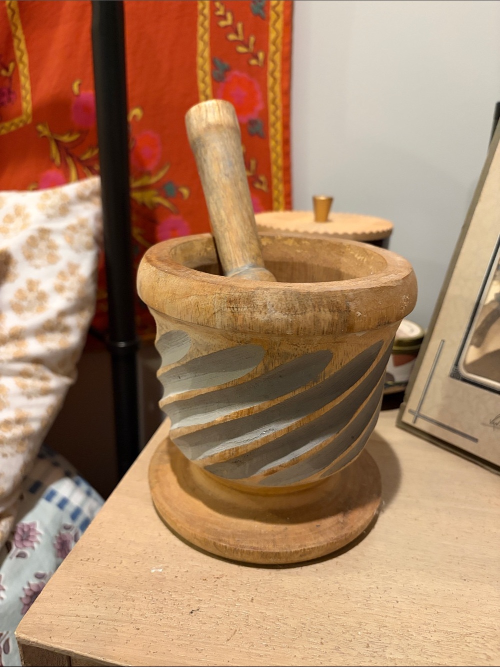 Wood Mortar and Pestle with Carved Gray Accent - Made in India